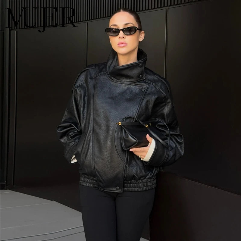 Vestes en similicuir noir MUJER col haut