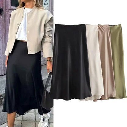 Jupe longue élégante en satin noir Willshela